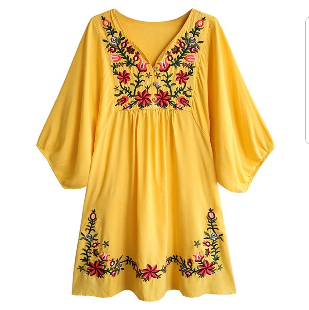 Embroidered Floral Yellow Dress